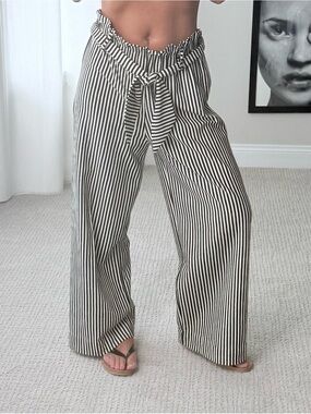 Joe Benbasset Black & White Vertical Stripe Paperbag Wide-Leg Pants vintage